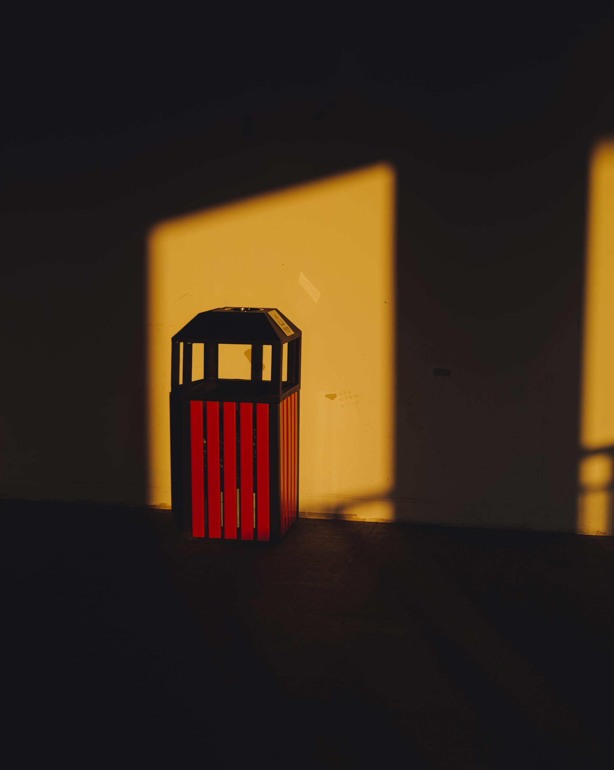 image of trash can emerging from shadow.